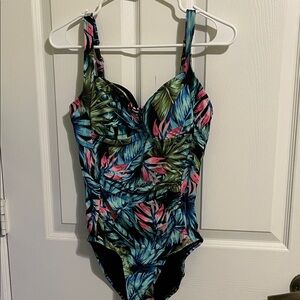 Tropical Leaf Print One-Piece Swimsuit in Blue & Pink
